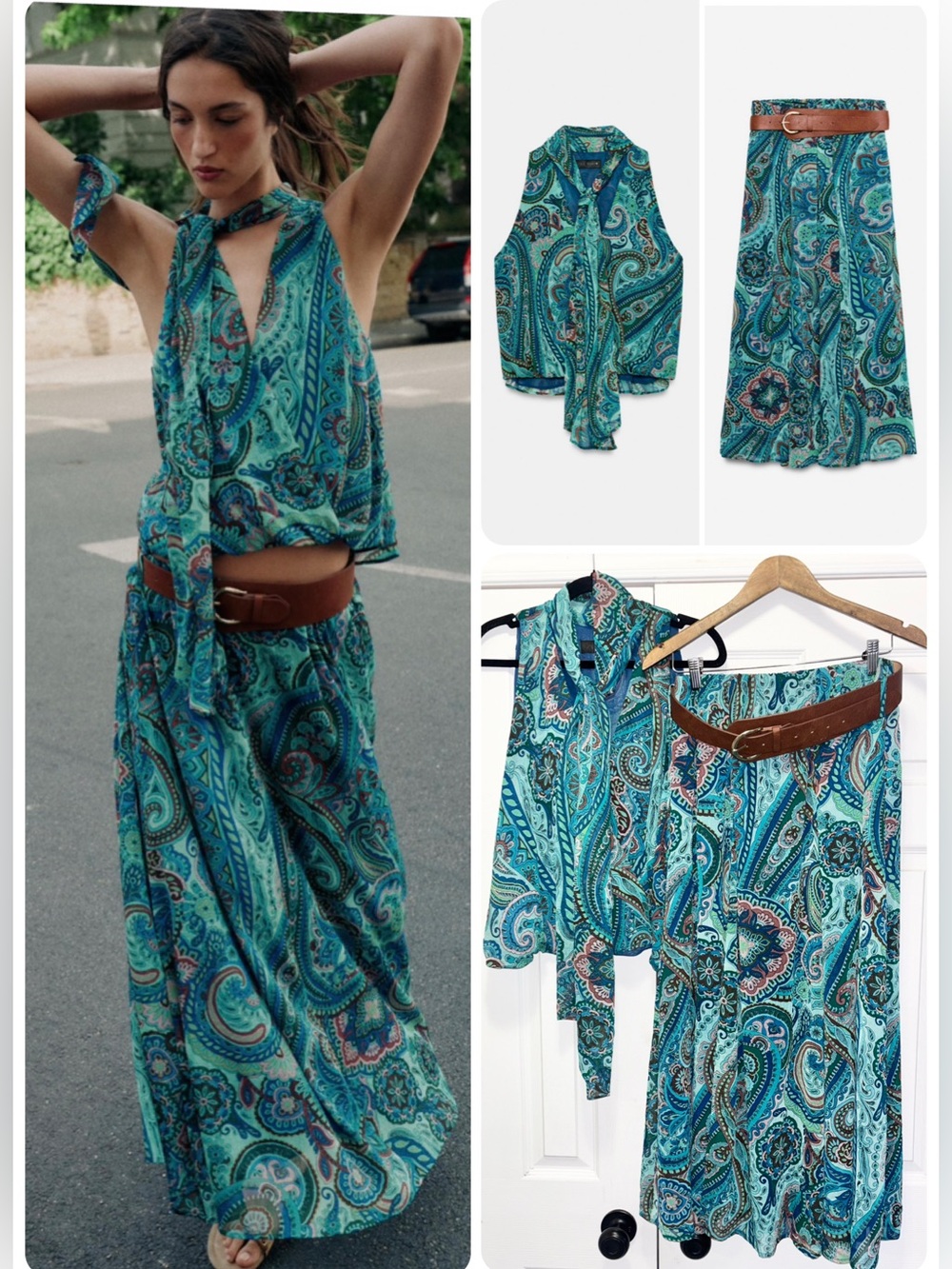 ZARA Set Tie Neck Blouse Top with Belted Skirt Turquoise Paisley Print XL Large